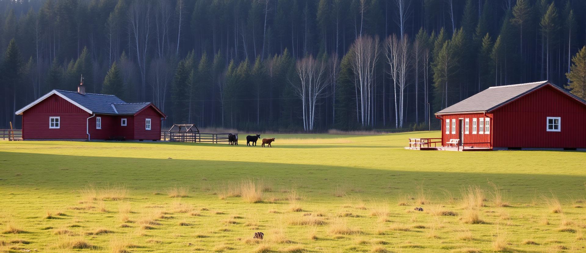 Vy över Olsnäs Fäbod med röda stugor och öppen äng